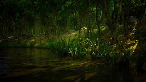 paisaje de bosque verde exuberante que se refleja en el agua tranquila durante las horas de luz del día