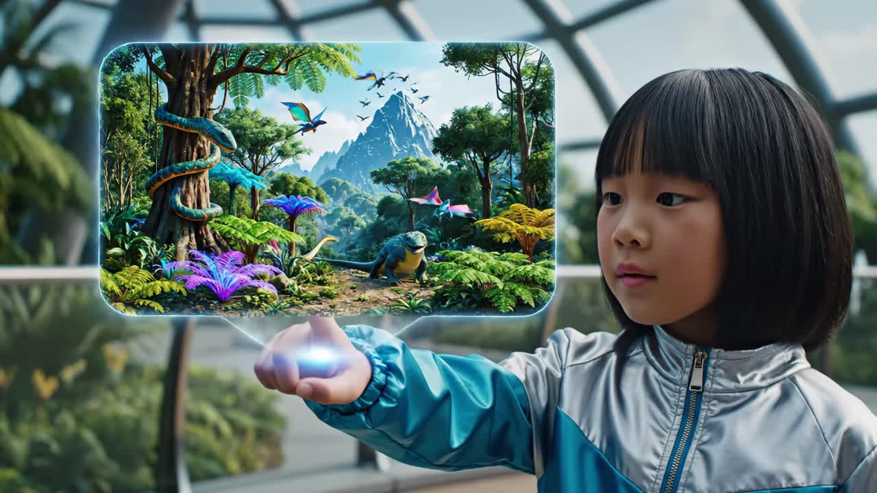 Child interacting with augmented reality showing a prehistoric landscape
