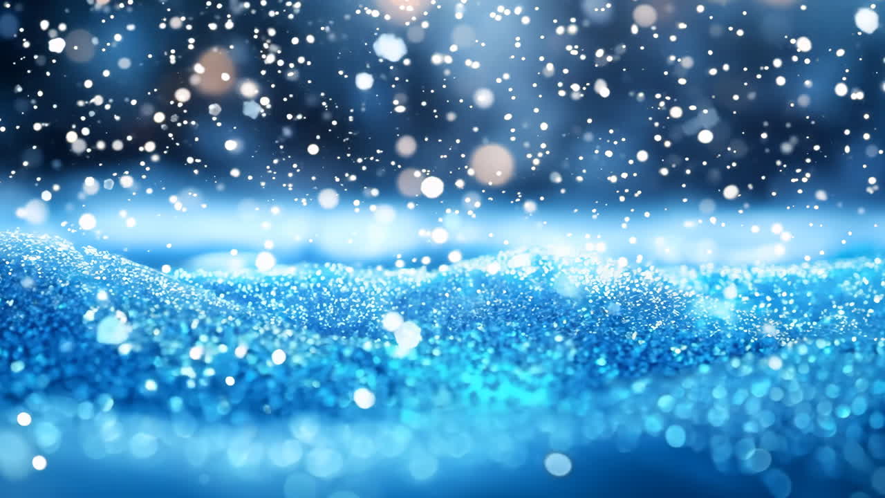 A blue sky with snow falling on it. The snow is falling in a gentle manner, creating a peaceful and serene atmosphere