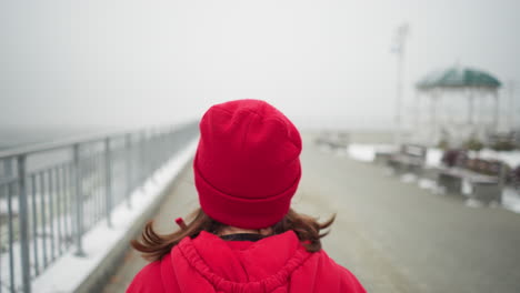 close-up back view of woman jogging in red beanie and jacket along snowy pathway near iron railing, serene park setting with benches nearby, foggy atmosphere, distant bridge, and light poles