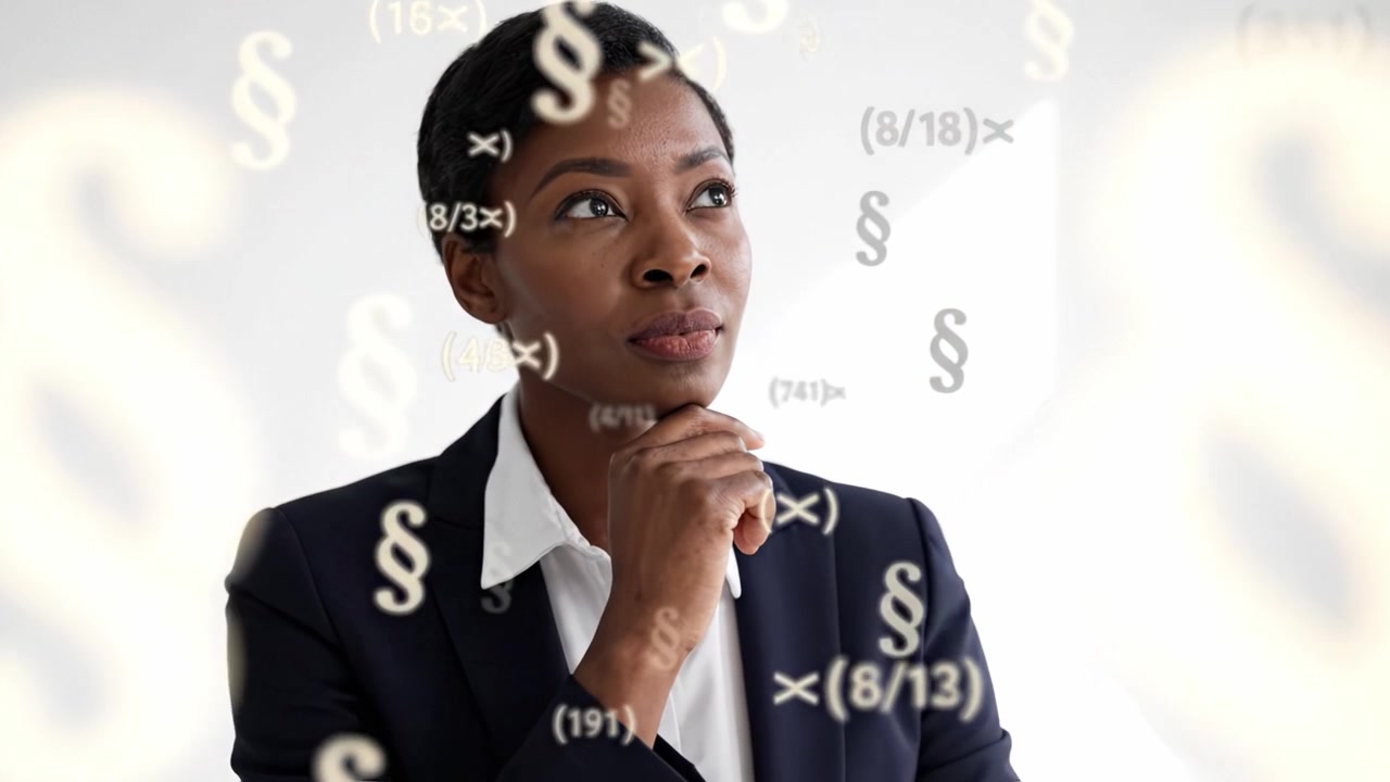 Una donna contemplativa in tailleur riflette su complessi concetti legali e finanziari, unendo un atteggiamento professionale a una riflessione ponderata.