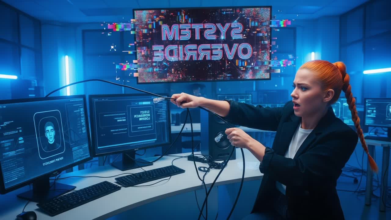 Intense Cybersecurity Incident Response: A Determined Professional Tackles an Emergency in a High-Tech Command Center with Monitors Displaying Critical Data