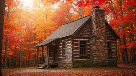 Rustic Log Cabin in a Vibrant Autumn Forest