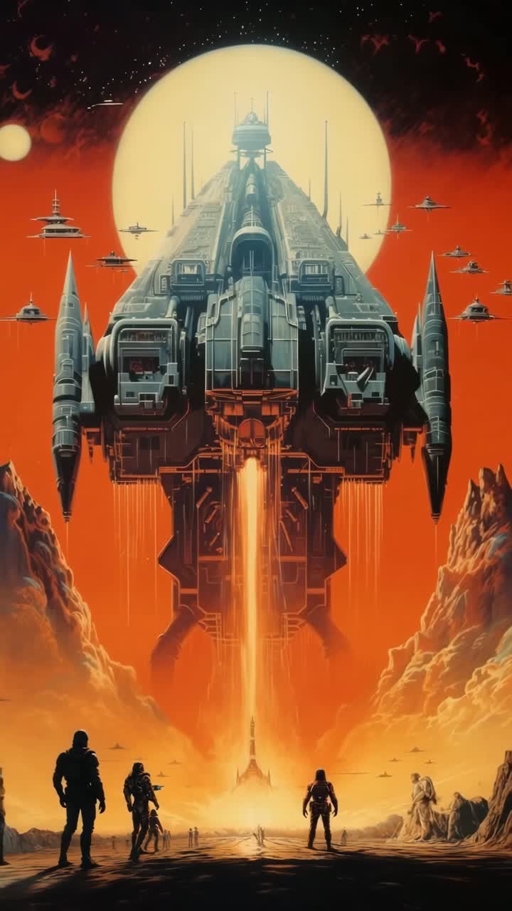 Episk sci-fi-scene med lavvinkelperspektiv av et massivt romskip som tar av