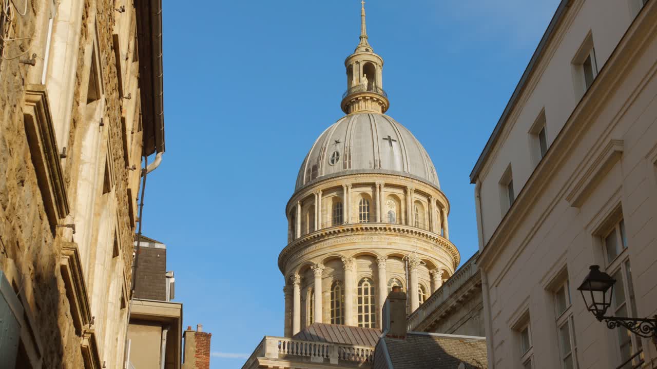 Tower And Dome Of Basilica of Notre-Dame In Boulogne-sur-mer, France. - tilt down shot
