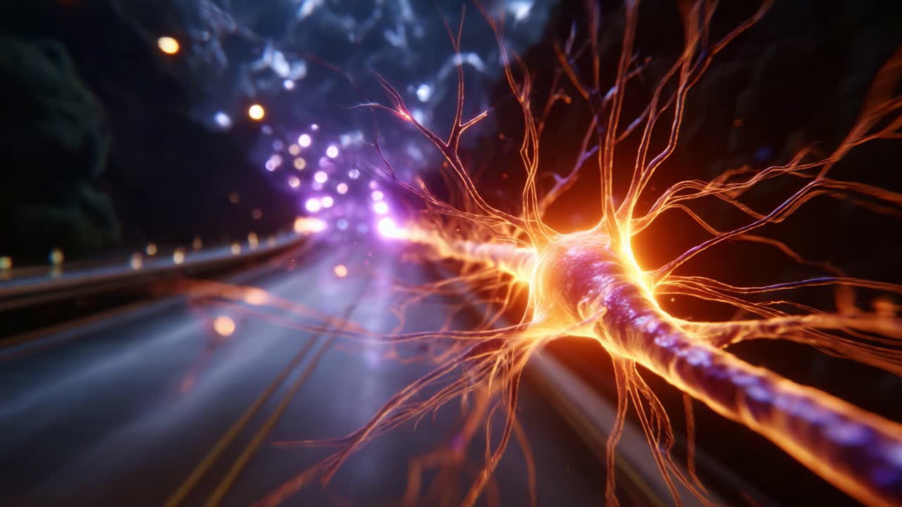 An Intricate Neuron Pathway Illuminated by Energy Pulses in a Surreal Highway Landscape, Symbolizing Connectivity and Neural Communication Dynamics