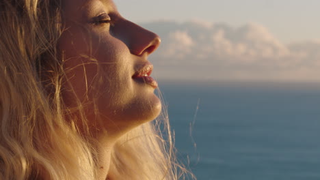 portrait happy woman contemplating future enjoying carefree lifestyle feeling positive relaxing looking at seaside sunset