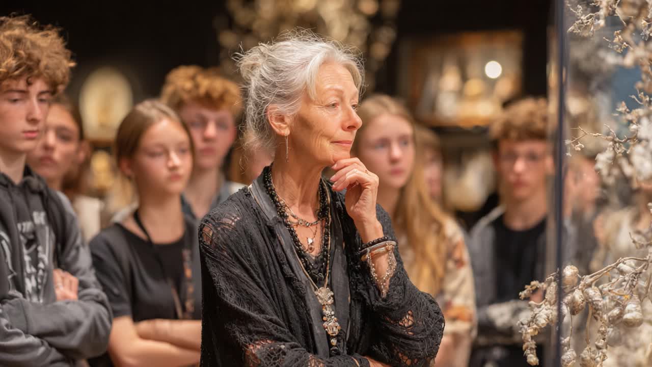 Contemplative Visitor at an Art Exhibition Engages with a Display While Surrounded by a Group of Young Observers, Reflecting on Creativity and Inspiration