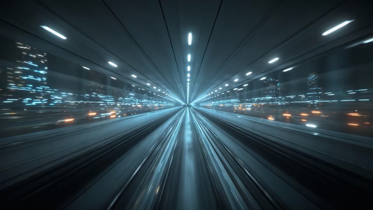 A Dynamic Perspective of Motion Through an Illuminated Tunnel, Capturing the Surge of Speed and Light in an Urban Environment