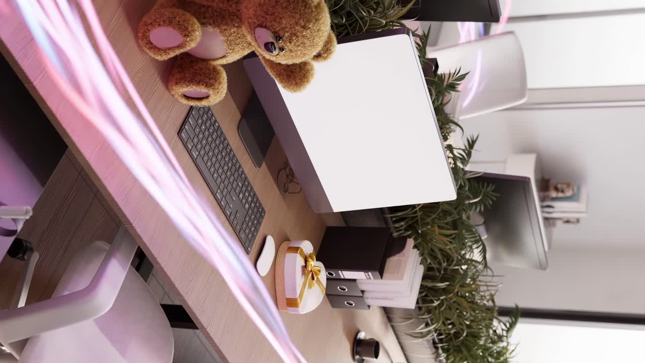 вертикальная любовь течет энергией в пустой офисной рабочей станции с ноутбуком 3d рендеринг анимации