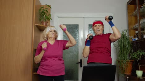 Elderly-man-woman-doing-fitness-exercises-starting-live-stream,-vlog,-blog,-online-distance-course