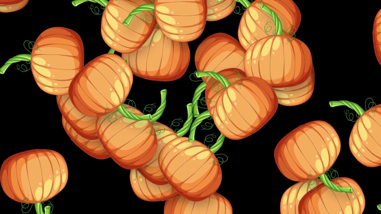 Stylized orange pumpkins fall vertically against a black background in a continuous looping animation.