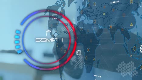 animation of speedometer and world map over mid section of a man using smartphone at office