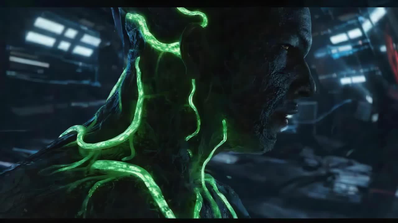 Cyborg or Humanoid Figure with Glowing Green Lines