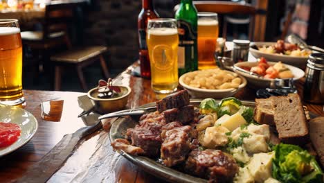 large platter of irish stew, colcannon, boiled brussel sprouts, soda bread, and pints of beer displayed on a rustic wooden table in a cozy restaurant
