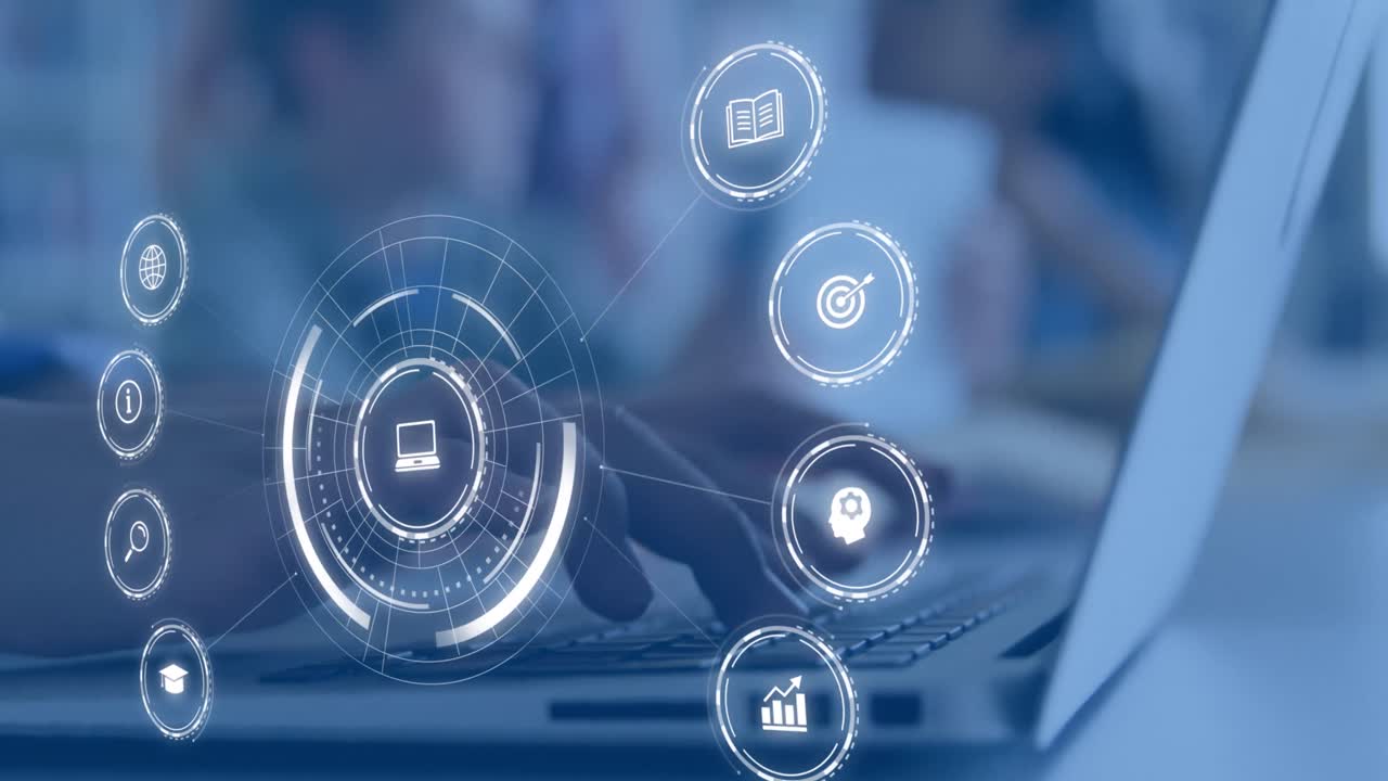 animación de iconos educativos que caen sobre una persona que usa una computadora portátil