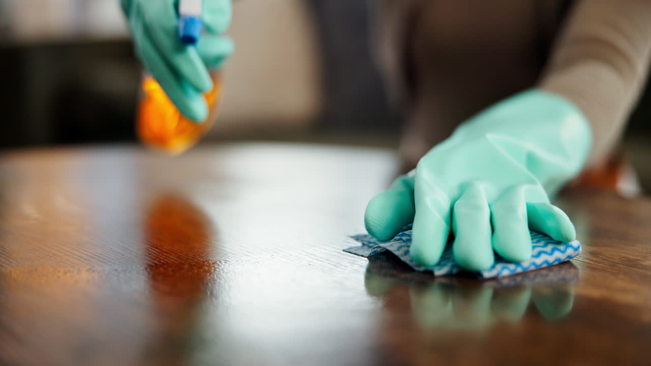 mujer limpiando una mesa con guantes