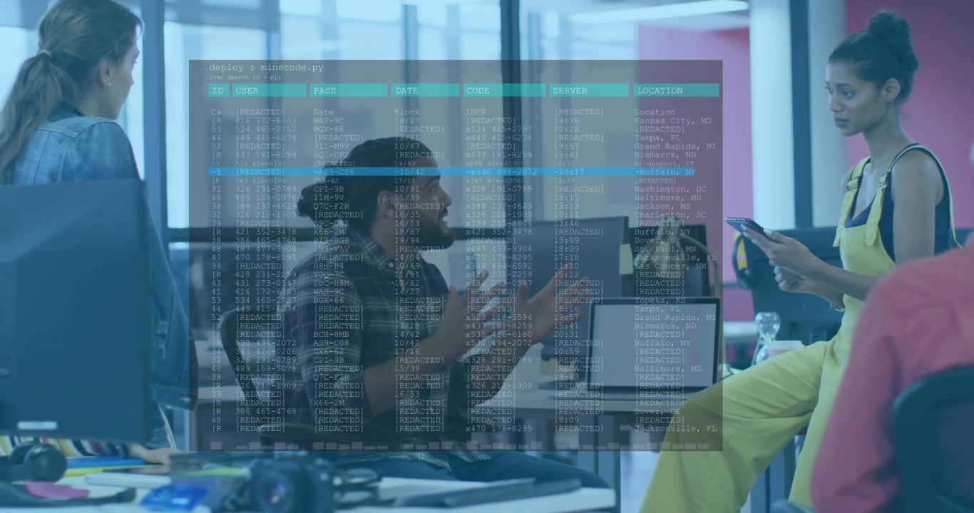 Seated man gesturing toward laptop and causing terminal overlay updating tech logs with cyan bar