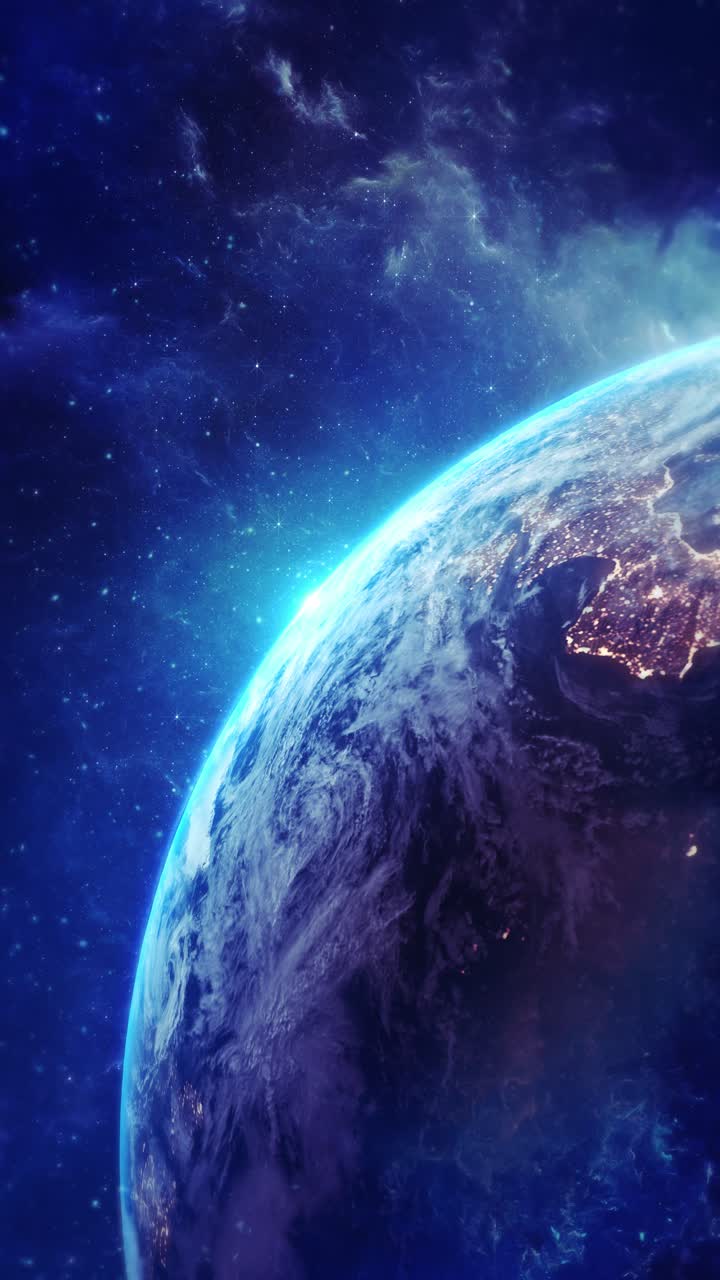 Nocny widok planety Ziemia, z jarzącymi się nocnymi światłami miejskimi na powierzchni, otoczonej mgławicą galaktyczną, w ujęciu globalnym.