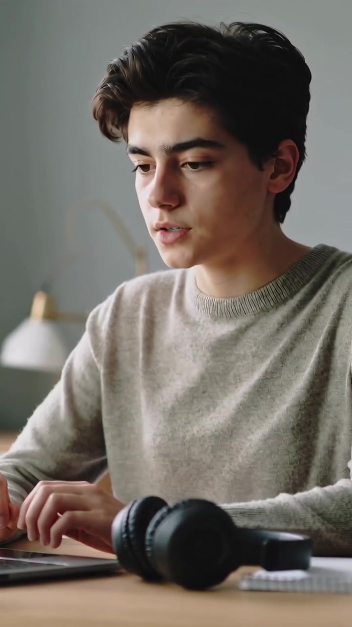 Vertical video: Leaning forward teen male gray sweater studying, typing on laptop at desk with note