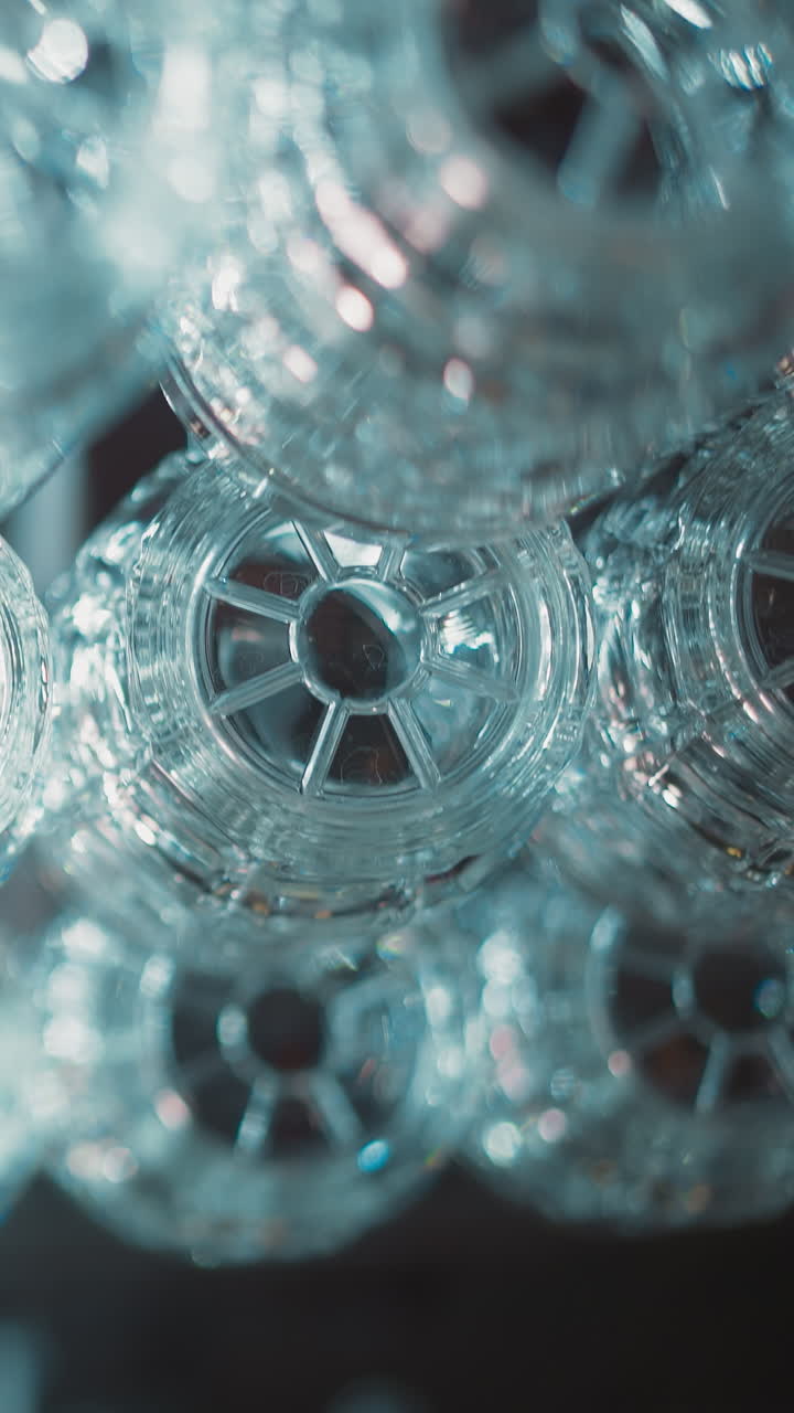 Rows of large beer cups hang under ceiling in pub close low angle shot. Traditional mugs for serving guest alcohol beverages in bar. Stylish glassware