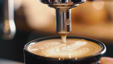 skilled barista creates intricate latte art in a busy coffee shop. the process showcases expert techniques and beautiful designs, capturing the essence of high-quality coffee preparation.