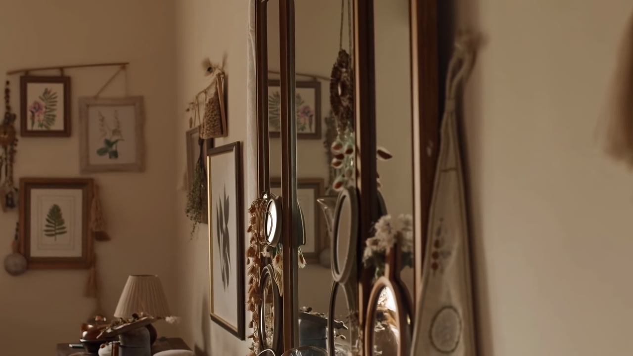 Warm Vintage Hallway With Mirror Reflections. Framed Botanical Prints And Tassel Accents Hang Beside Ornate