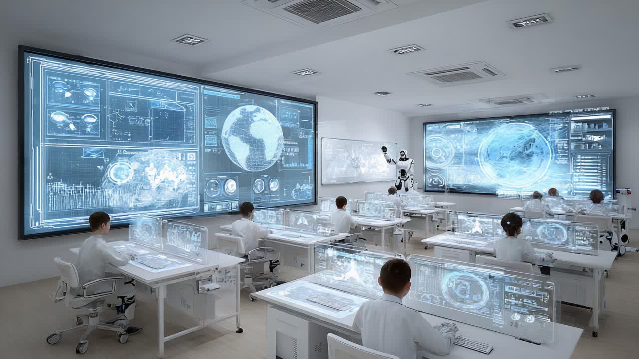 Futuristic Laboratory Environment Showcasing Advanced Technology and Interaction Between Humans and Robots in a High-Tech Research Facility