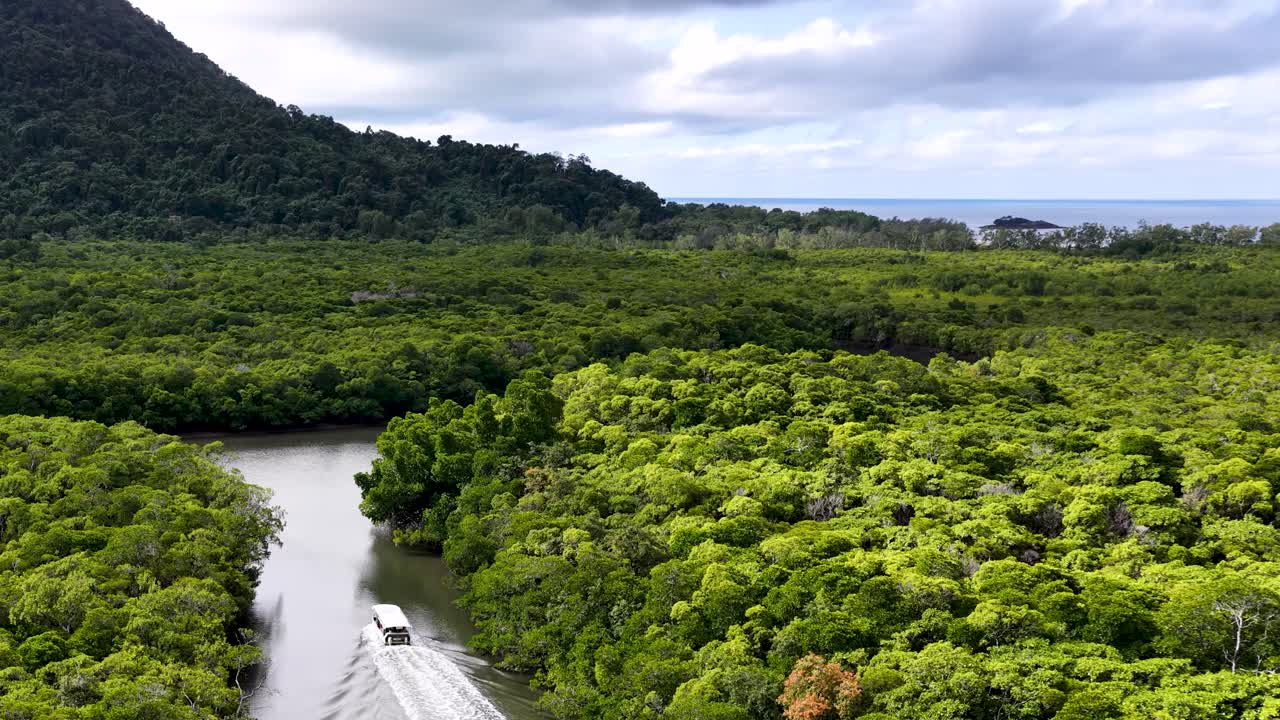 Aerial view of motorboat traveling through winding river in dense tropical rainforest, overcast daylight