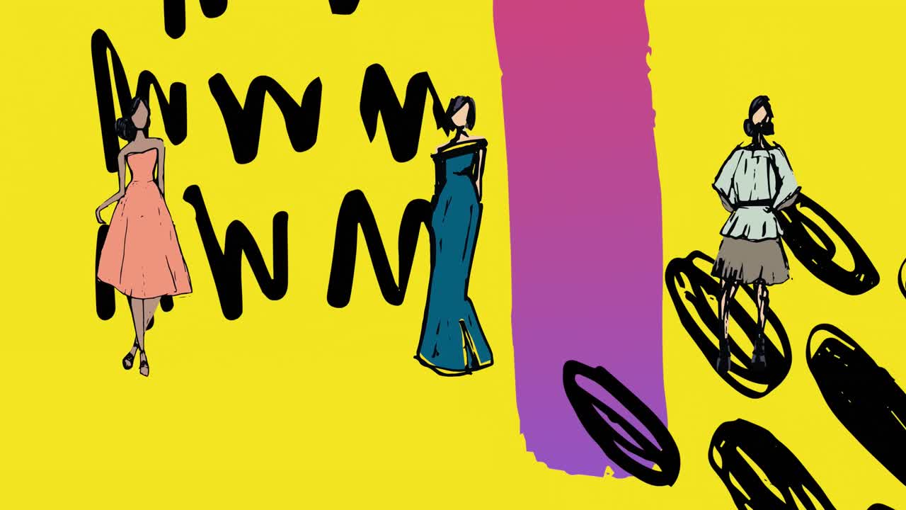 Animation of fashion drawings of women's outfits on pink and black abstract shapes on yellow