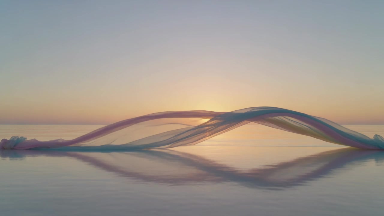 Sunrise lifting light, causing sheer ribbon rising and arching over calm sea, forming X reflection