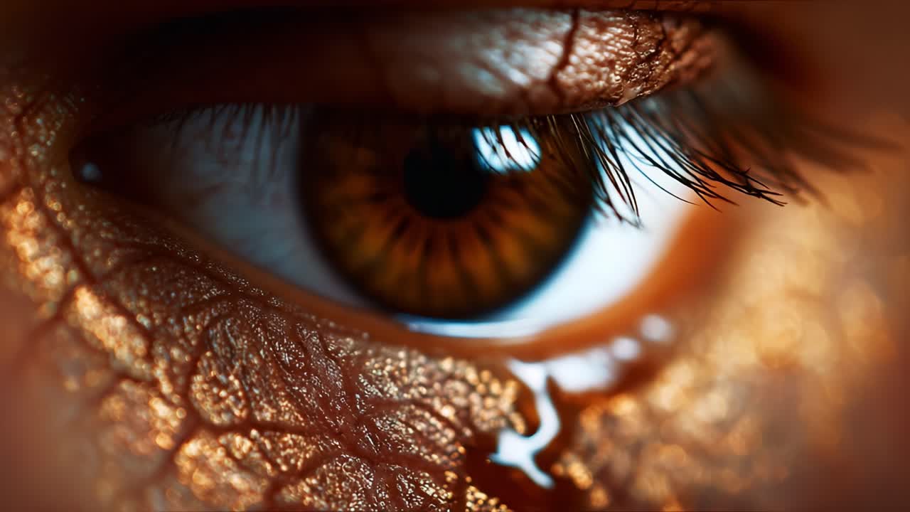 A Captivating Close-up of an Eye Showing Emotive Details, Enhanced with Golden Textures and Realistic Tear Depiction, Capturing the Essence of Human Emotion and Vulnerability