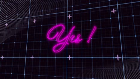 animación del texto sí en neón rosa y líneas paralelas blancas sobre una cuadrícula digital