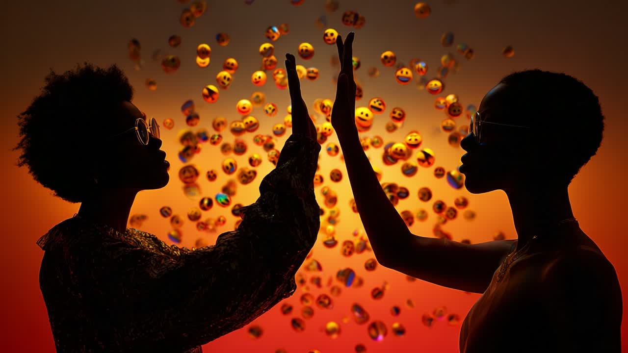 Two Silhouetted Figures Interacting with Floating Emoji Orbs Against a Vibrant Gradient Background, Symbolizing Connection and Expression Through Playful Gestures