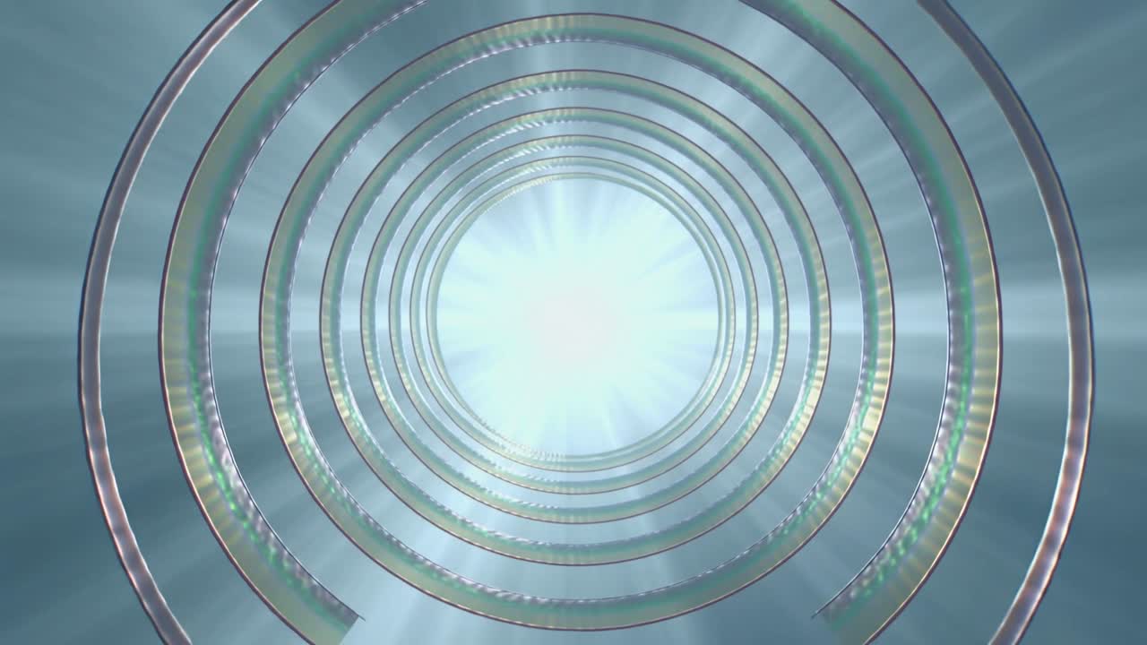Reacting to central light, concentric rings expanding outward in blue-gray tunnel, iridescent sheen
