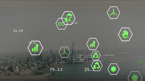 overlaying cityscape, hexagonal icons with environmental symbols and code snippets