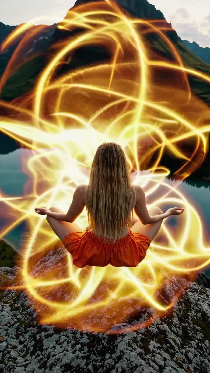 Young woman meditating in lotus position on a rock by a lake with mountains in the background. Surrounded by golden light trails. Conveying a sense of spirituality. Energy. And connection with nature