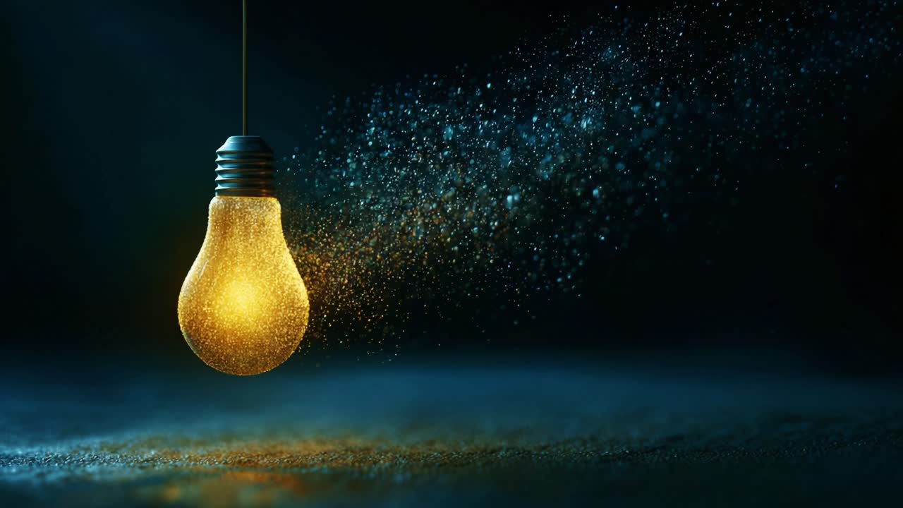 Una lampadina incandescente sospesa nello spazio buio, che emette un caldo bagliore dorato e circondata da particelle scintillanti, creando un'atmosfera magica e catturando l'essenza dell'illuminazione