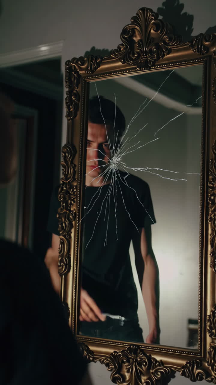 Un Uomo che si Guarda in uno Specchio Rotto