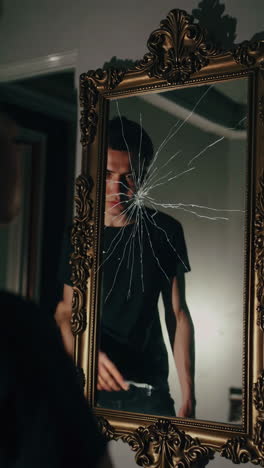 a man looking at himself in a broken mirror