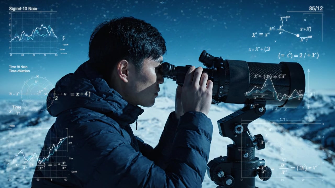 A Stargazer Observes the Night Sky Through a Telescope as Mathematical Graphs and Data Visualizations Appear, Merging Science with the Wonders of Astronomy