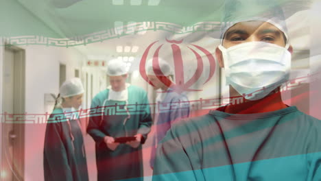 animación de la bandera de irán ondeando sobre los cirujanos en el pasillo del hospital