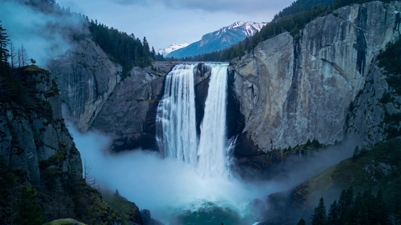 Plunging twin-stream waterfall pouring into canyon, feeding churning pool and forming low fog