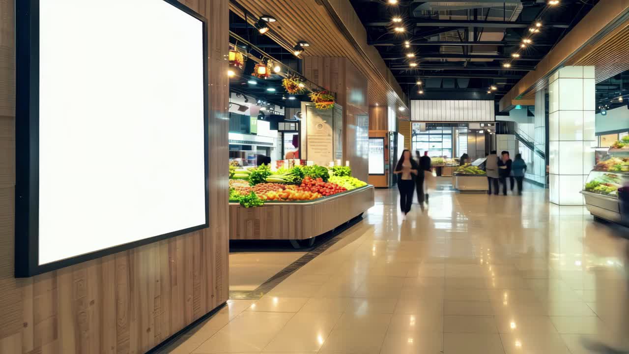 Wide-angle shot of a modern grocery store interior with fresh produce