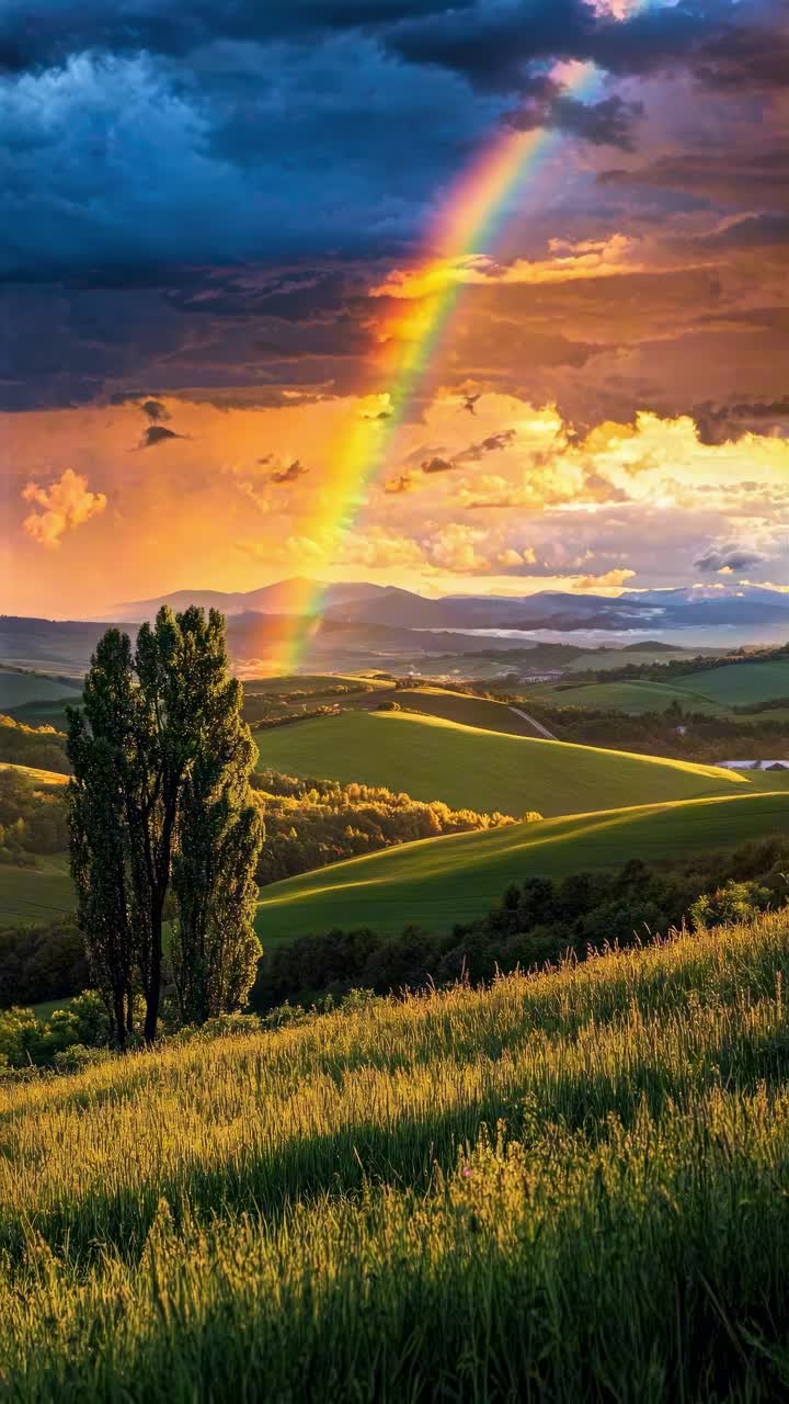 Vibrant landscape with a rainbow over rolling hills at sunset. Captured from a low angle