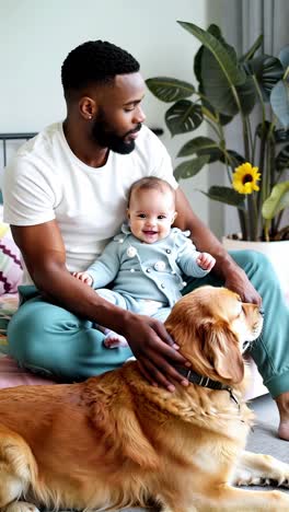 afro father multitasking with her baby and puppy by her side.