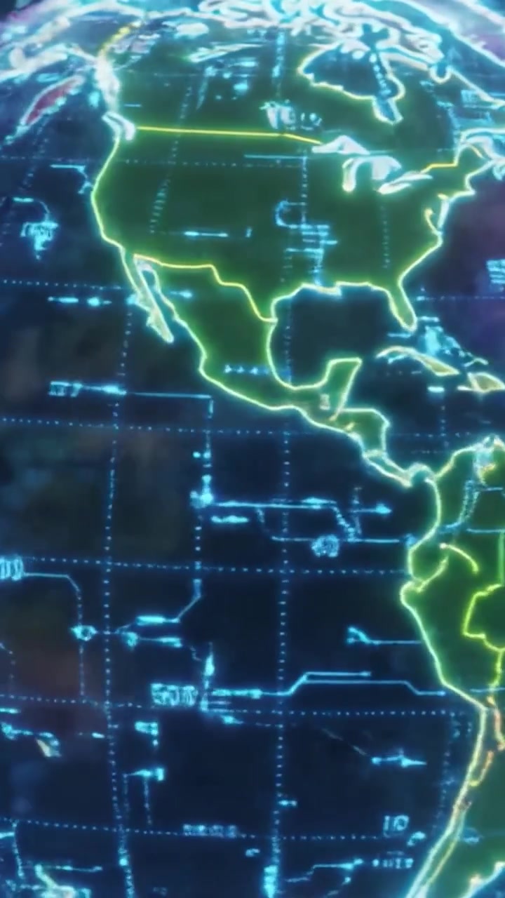 Vibrant Digital Map Highlighting Africa and Surrounding Regions with Neon Colors and Detailed Geographic Features in a Futuristic Style
