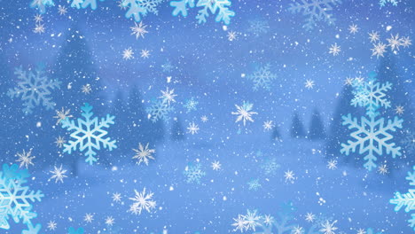 animation of snow and snowflakes falling over trees on winter landscape