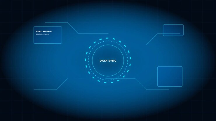 Futuristic Digital Interface Displaying System Status and Data Sync
