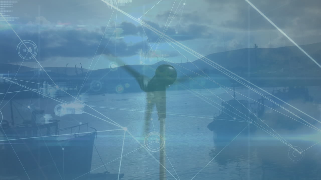 풍력 터빈과 풍경에 대한 데이터 처리를 가진 연결 네트워크의 애니메이션